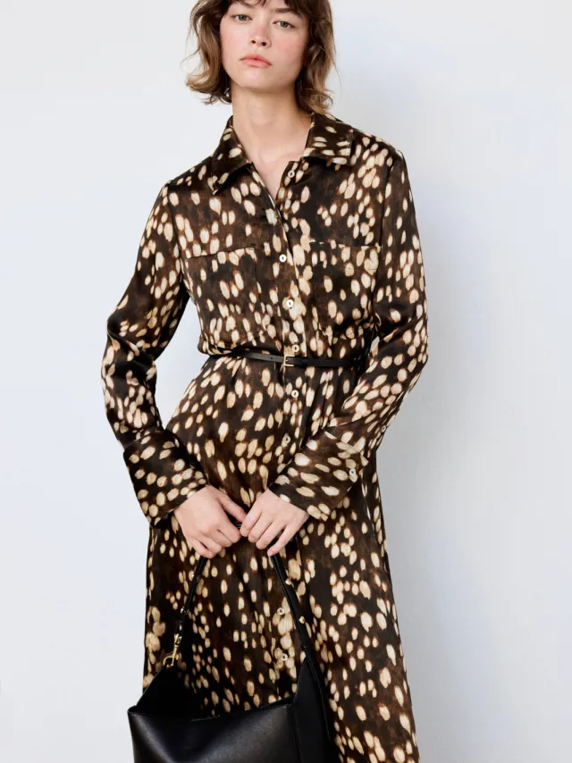 Mango midi blousejurk met ceintuur en print - bruin