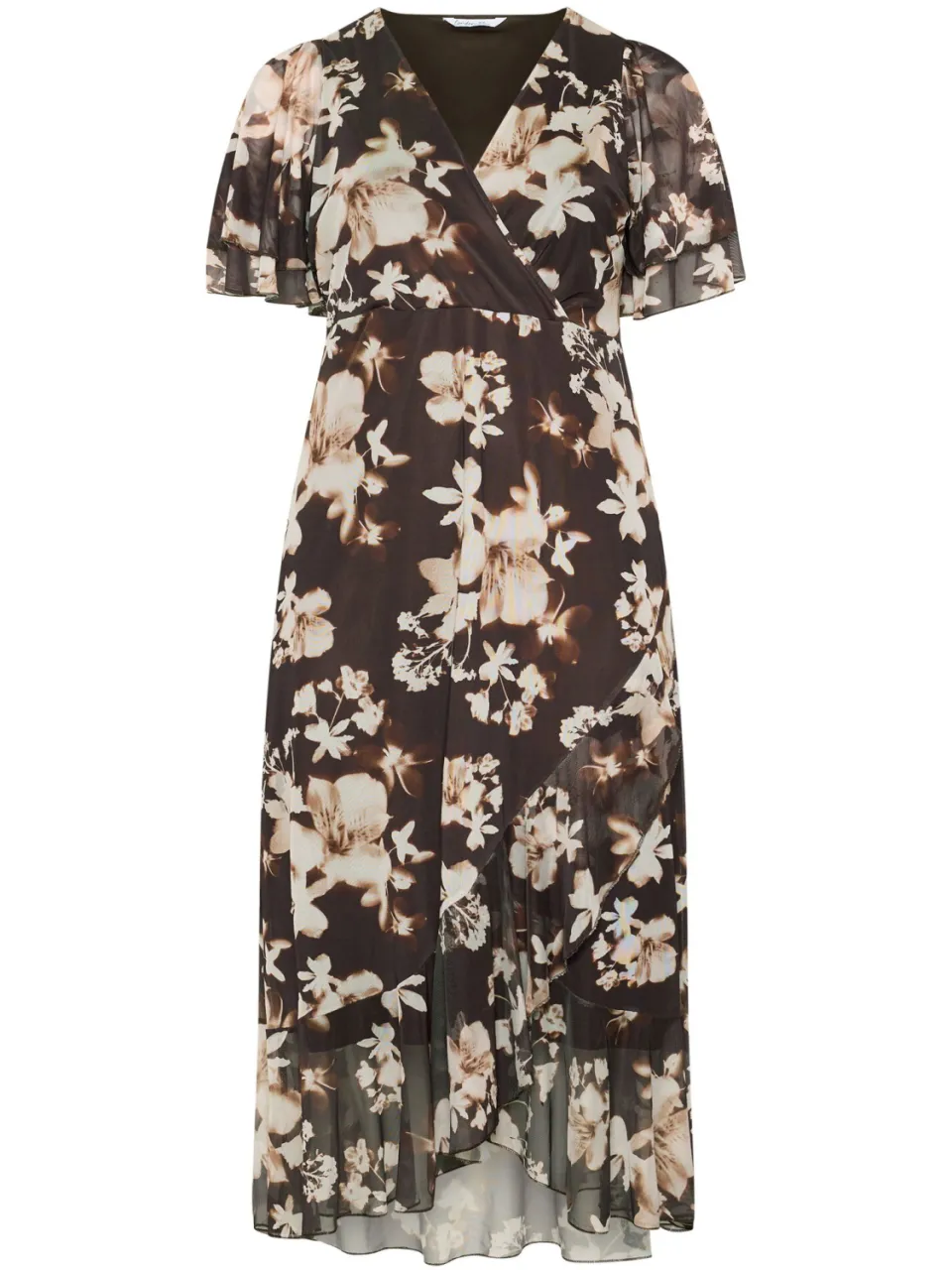 Yours London Chocoladebruine Wikkeljurk Met Vervaagde Bloemenprint Size Petite > 54-56, foto 4