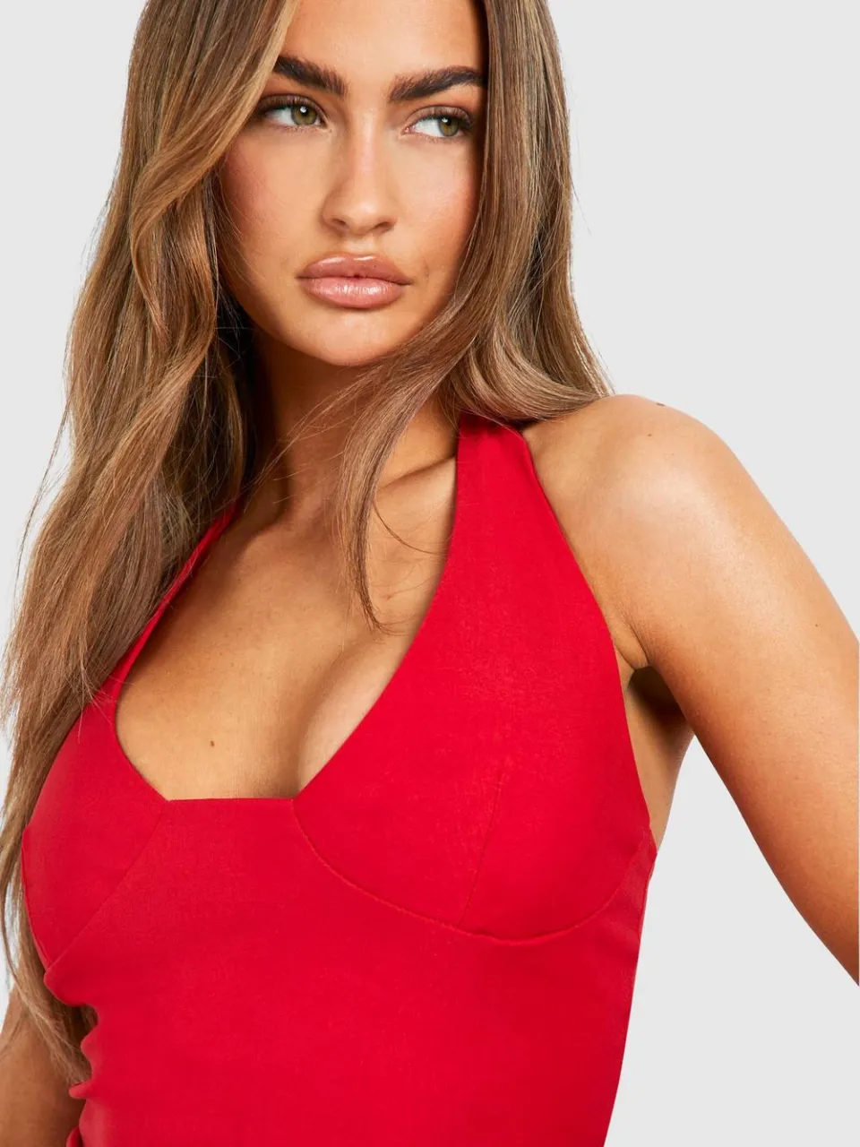 boohoo Dames Bengaline Plunge A-lijn Mini Jurk rood, foto 3