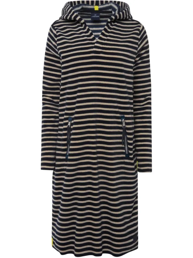 Laurasøn Dames - Jurk gestreepte fleece midilengte capuchon lange mouw ECOTEX - Marine