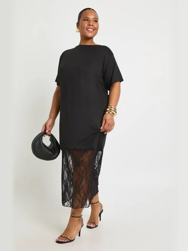 boohoo Dames plus kanten detail midaxi t-shirtjurk Zwart
