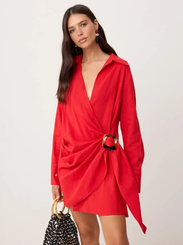 Trendyol TRENDYOLMİLLA Dames Rood Effen Kort / Mini Lang Casual Double-breasted Jurken