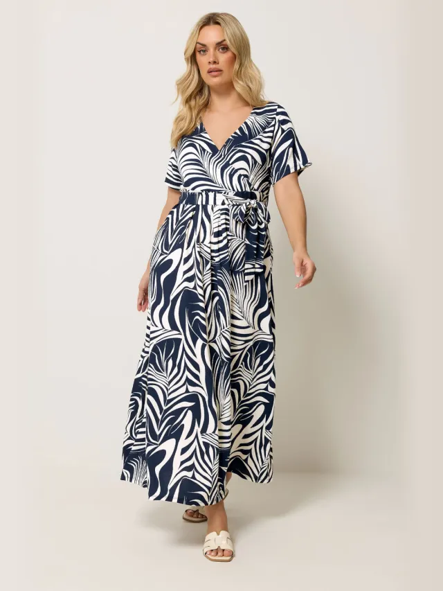 Yours Blauwe Wikkeljurk Met Bladprint Aan De Voorkant Blue