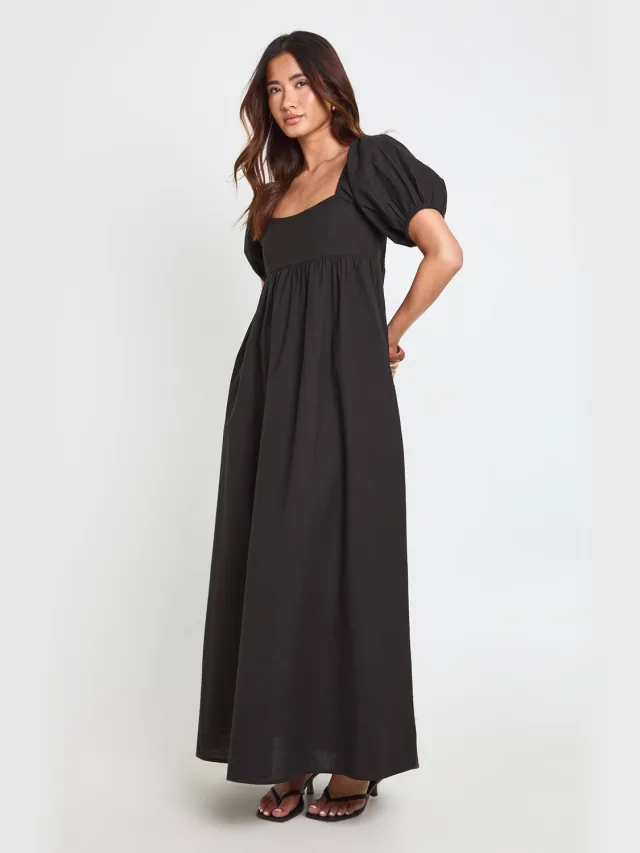 boohoo Dames Linnen Pofmouw Gesmockte Maxi Jurk Zwart