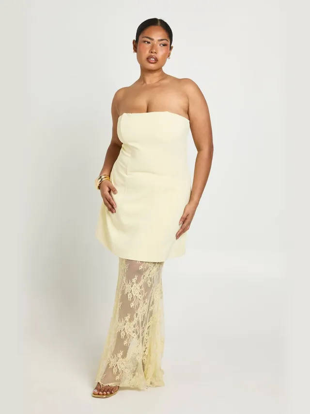 boohoo Dames Plus Premium Gestructureerde Kanten Maxi Jurk Citroen