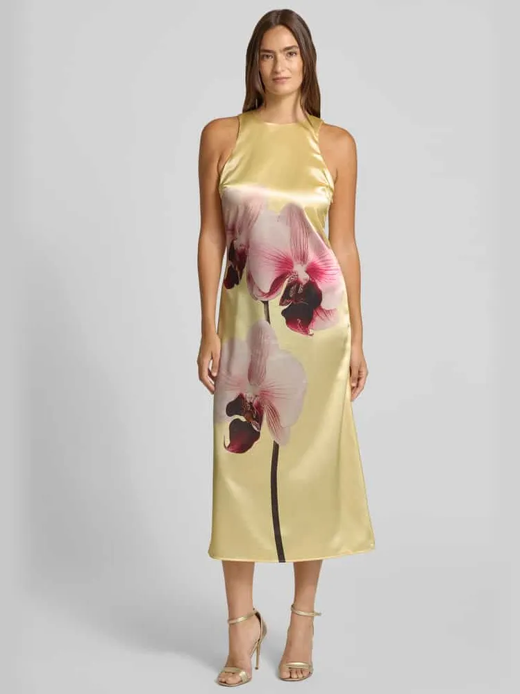 Yas A-lijn cocktailjurk van satijn met motiefprint model 'ORCHIDA' Geel