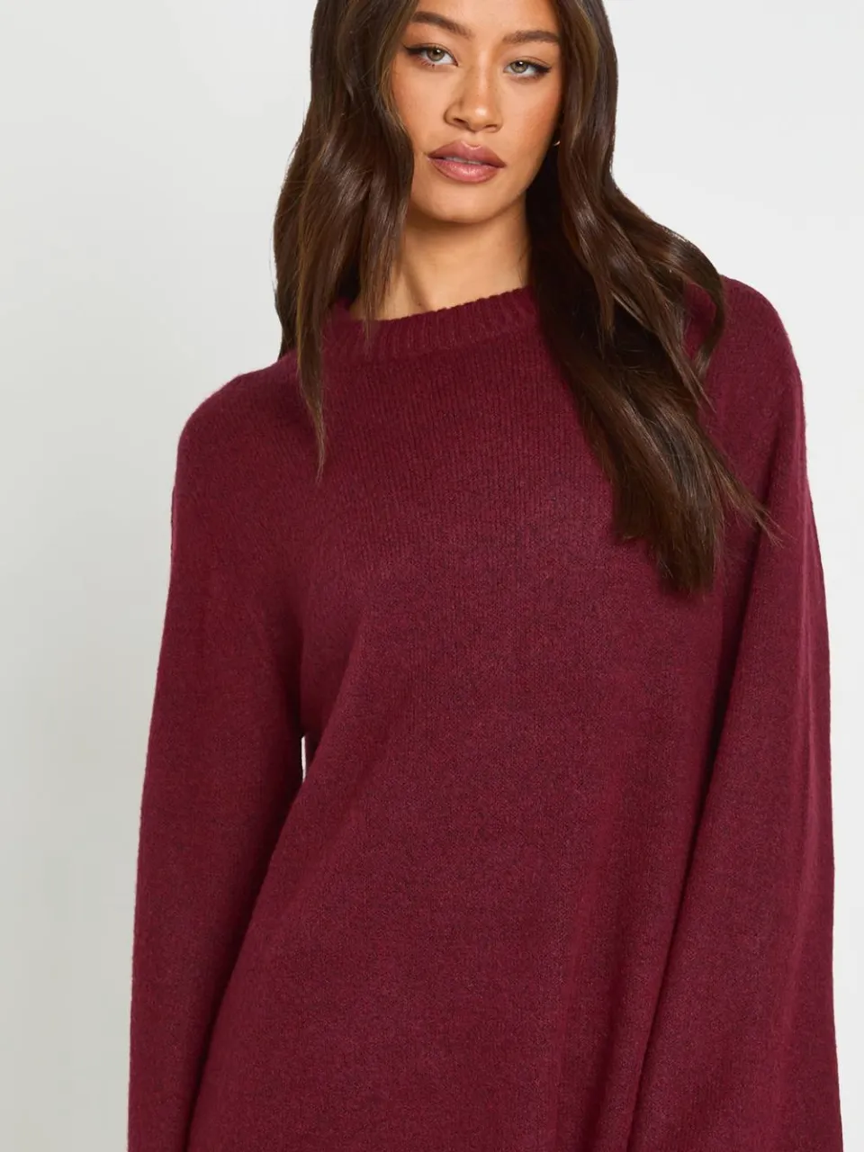 boohoo Dames Lange Trui-jurk Met Col En Uitlopende Mouwen bordeaux rood, foto 4