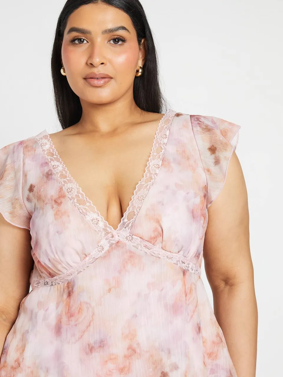 boohoo Dames Plus Bedrukte Jurk Met Kanten Afwerking En Korte Mouwen roze, foto 4