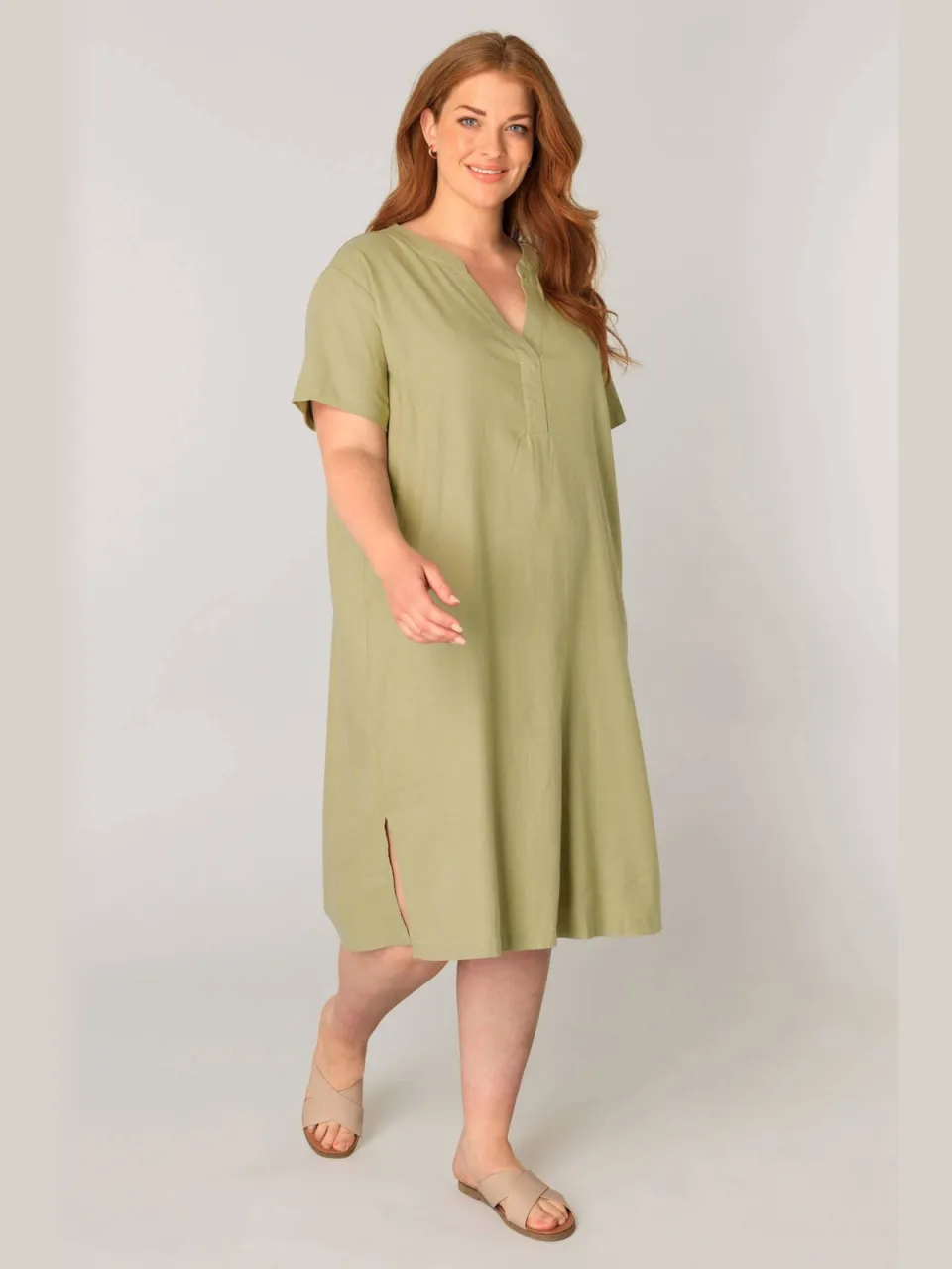 Base Level Curvy jurk met linnen groen, foto 3