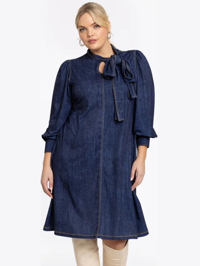 Yoek jurk met strik denim donkerblauw
