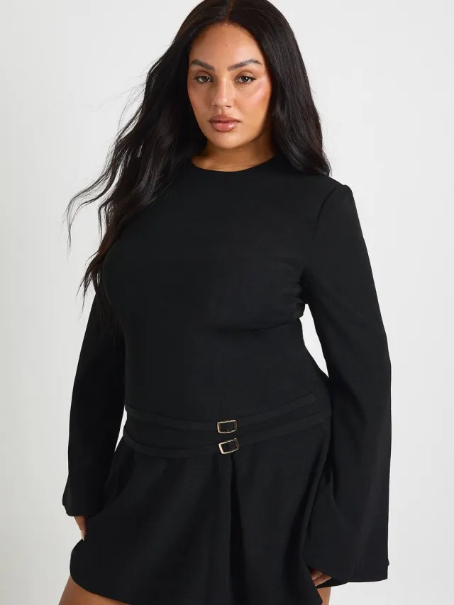 boohoo Dames Plus Getailleerde gespdetail geplooide mini-jurk zwart, foto 2