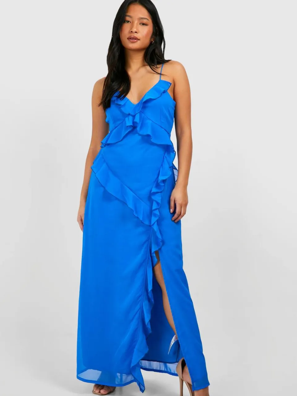boohoo Dames Petite Chiffon Ruffle Maxi-jurk electric blue, foto 3
