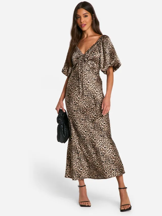 boohoo Dames Leopard Pofmouw Midaxi Jurk Bruin