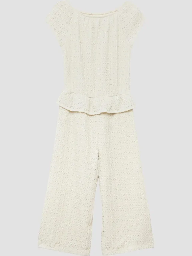 S.Oliver female - Gestructureerde jumpsuit met kantpatroon en volants crème