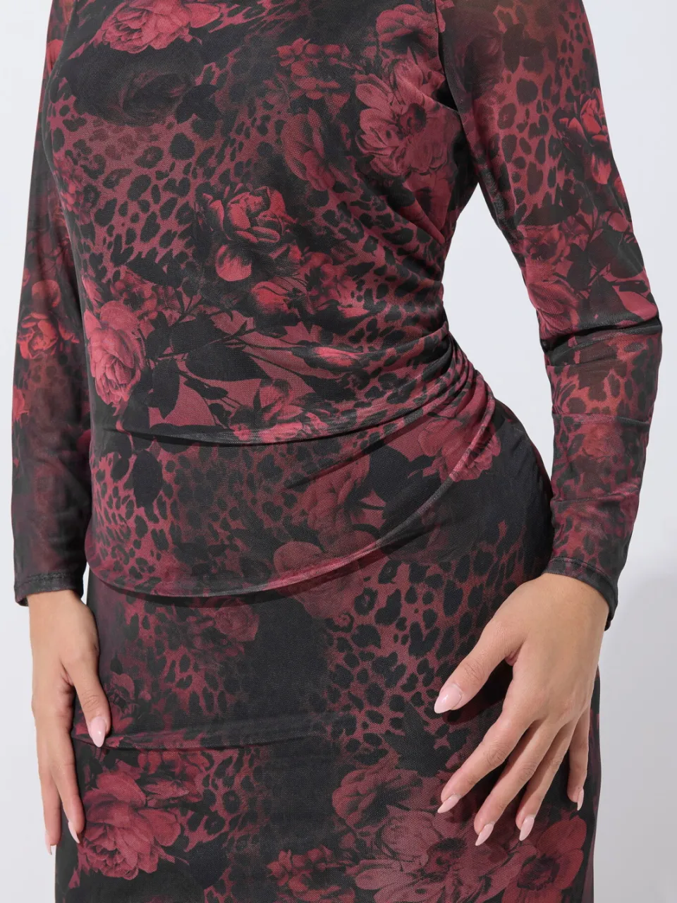 Limited Collection Burgundy Rode Bloemen Mesh Maxijurk-56, foto 4