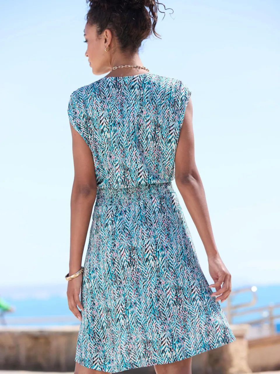 Zomerjurk turquoise/roze bedrukt