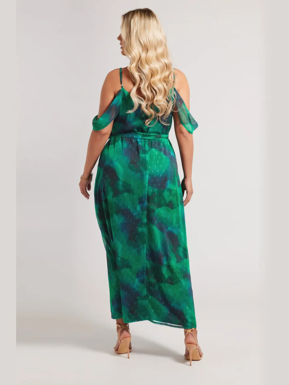 Yours London Midaxi Jurk Met Abstracte Print En Blote Schouders In Metallic Groen, foto 5