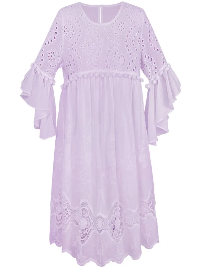 YW YEHWANG YWG - Cotton Vrouwen Mini Jurk Geborduurde Ruches Mouw Lila