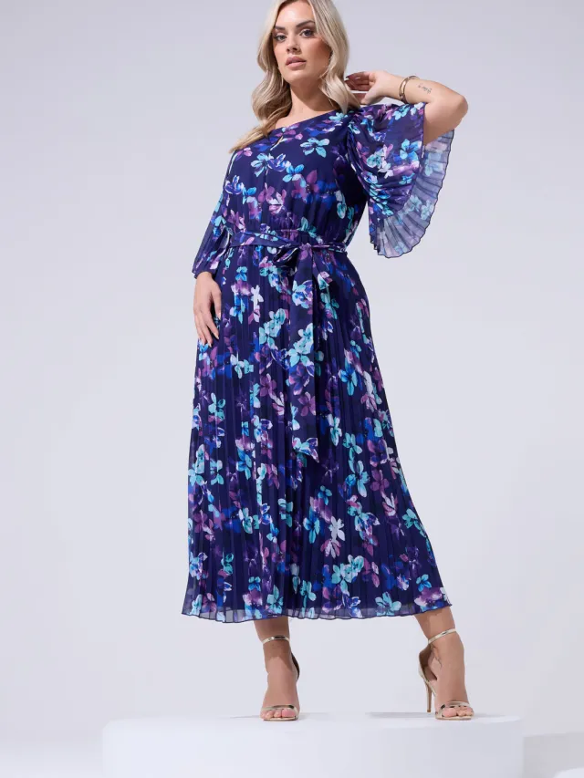 Yours London Blauwe Geplooide Maxijurk Met Bloemenprint Blue