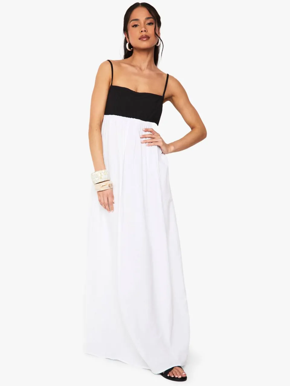 boohoo Dames Contrast Linnen Smock Maxi-jurk zwart, foto 2