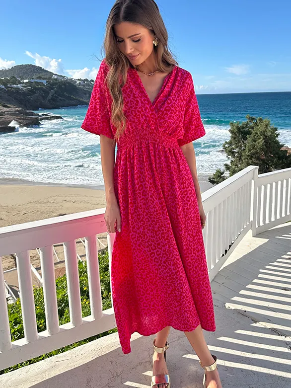 Fashion Musthaves Maxi Jurk Mousseline Leopard Fuchsia Red Roze