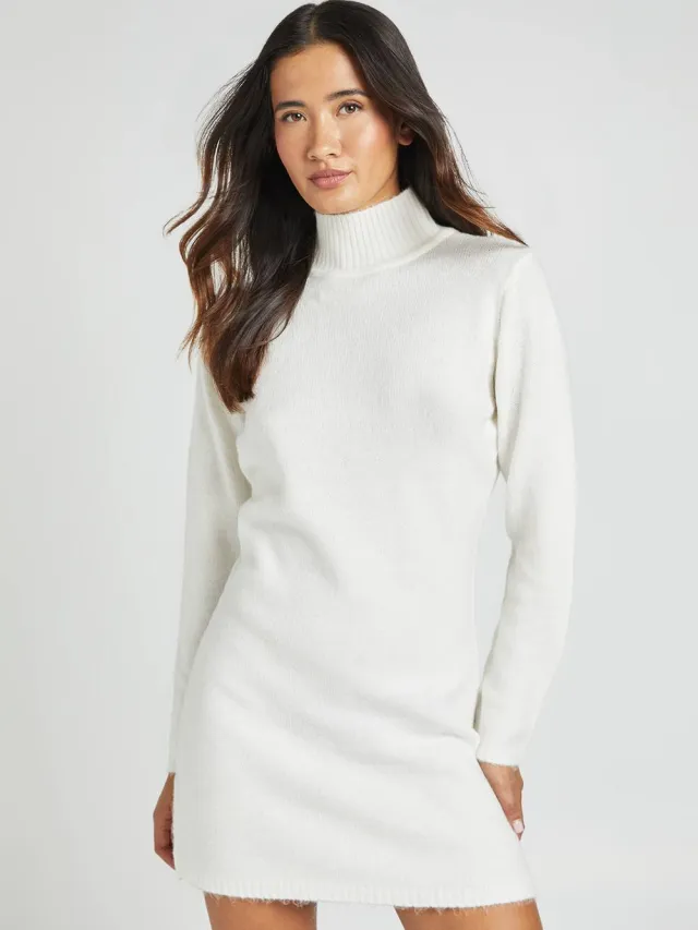 boohoo Dames Hoge Hals Super Zachte Gebreide Mini Jurk Crème