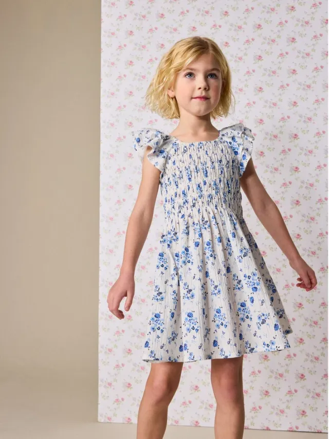 Next Meisjes - Gesmokte jurk met ruchemouwen - Wit Blue Floral
