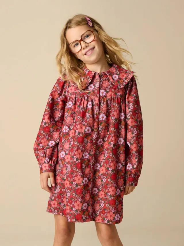 Sissy-Boy Donkerrode corduroy jurk met bloemenprint D.Rood