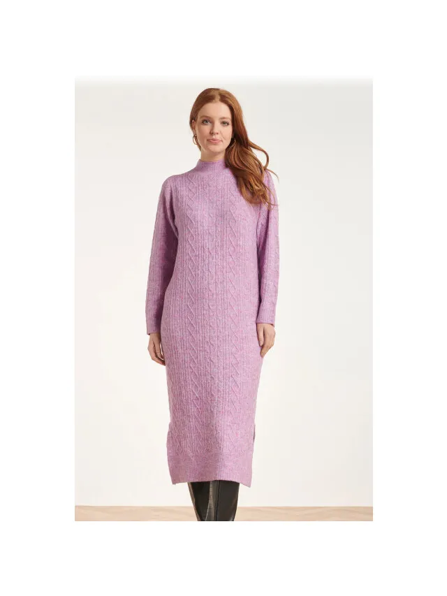 Smashed Lemon 24631 paars e gebreide midi jurk met kabelstructuur Lila