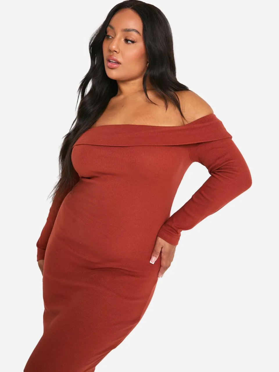 boohoo Dames Plus Basic Rib Bardot Maxi Jurk roest, foto 3