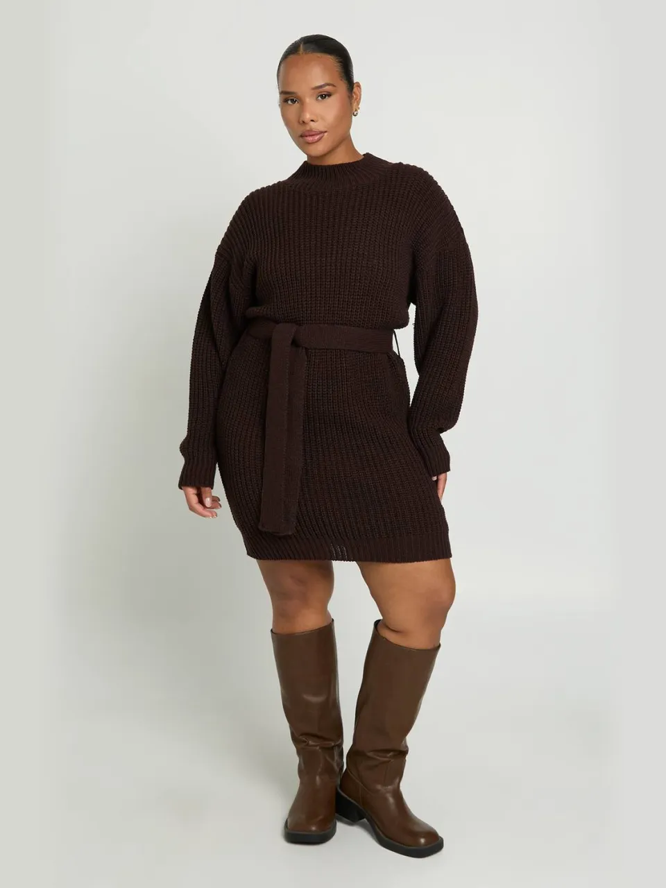 boohoo Dames Plus Gebreide Mini Jurk Met Strikceintuur chocoladebruin, foto 2