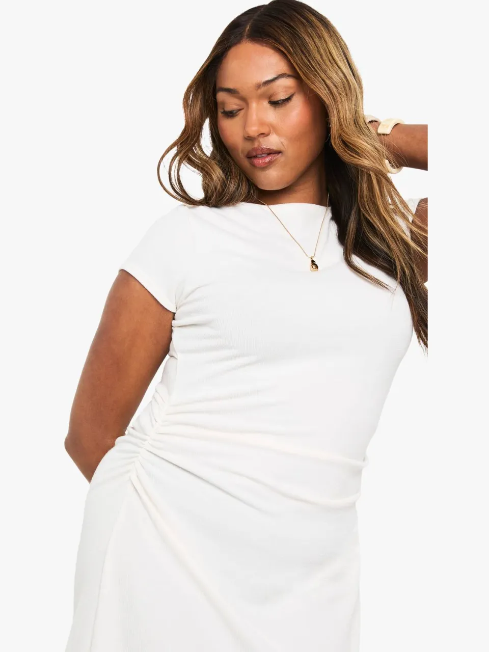 boohoo Dames Plus Rib Cap Sleeve Geroffelde Mini-Jurk off white, foto 4