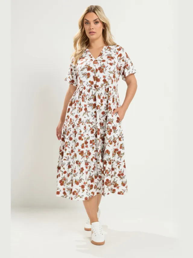 Yours Ivoorwitte Jurk Met Bloemenprint En Gelaagde Rok-56 White