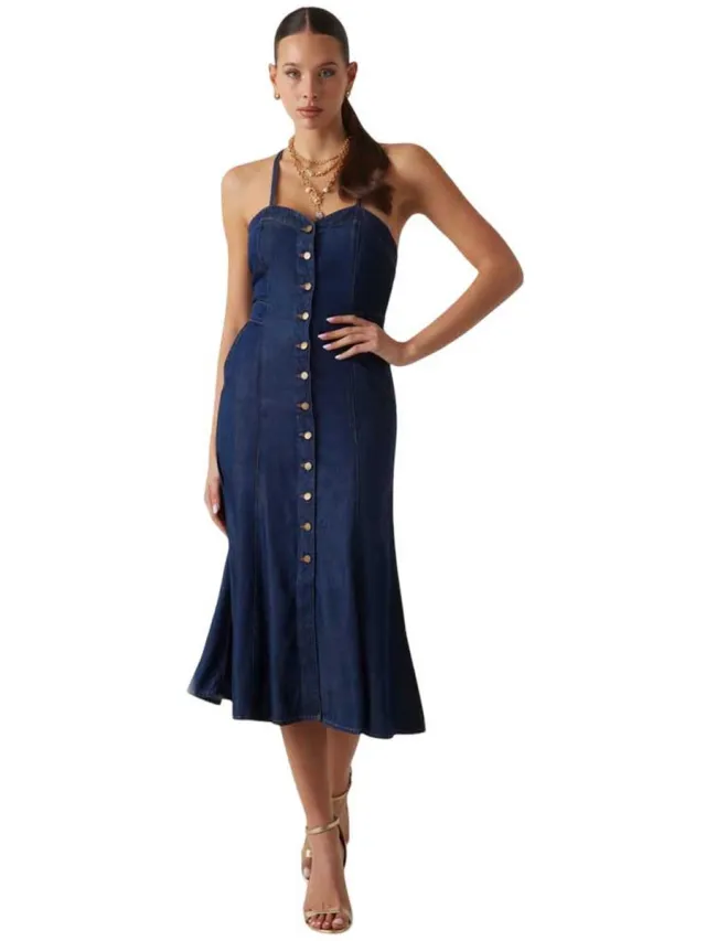 Guess W5gk43d5n61 Mouwloze Midi-jurk Blauw M Vrouw Bodeguita Dark