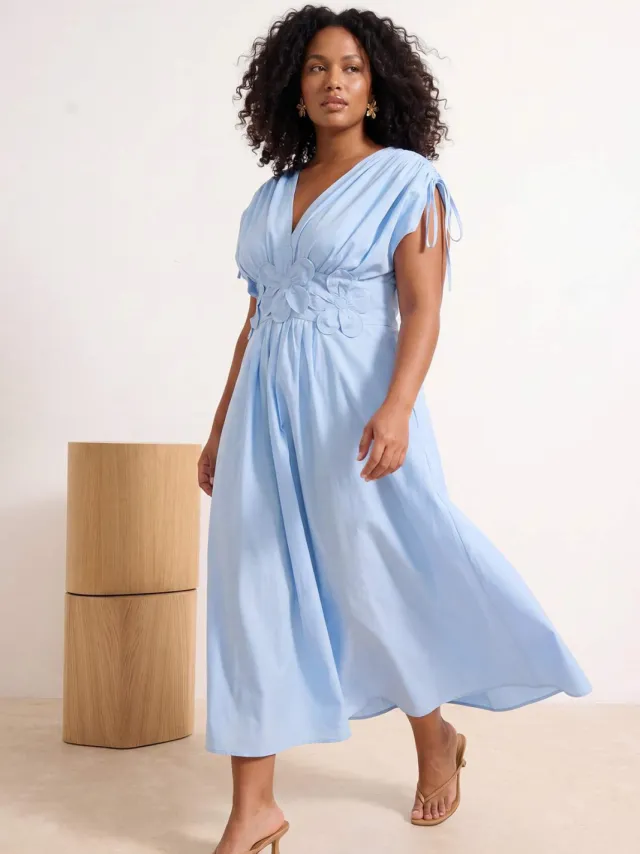 Trendyol Curve Dames Blauw Effen Midi Kort Casual Skater Grote maten Jurk
