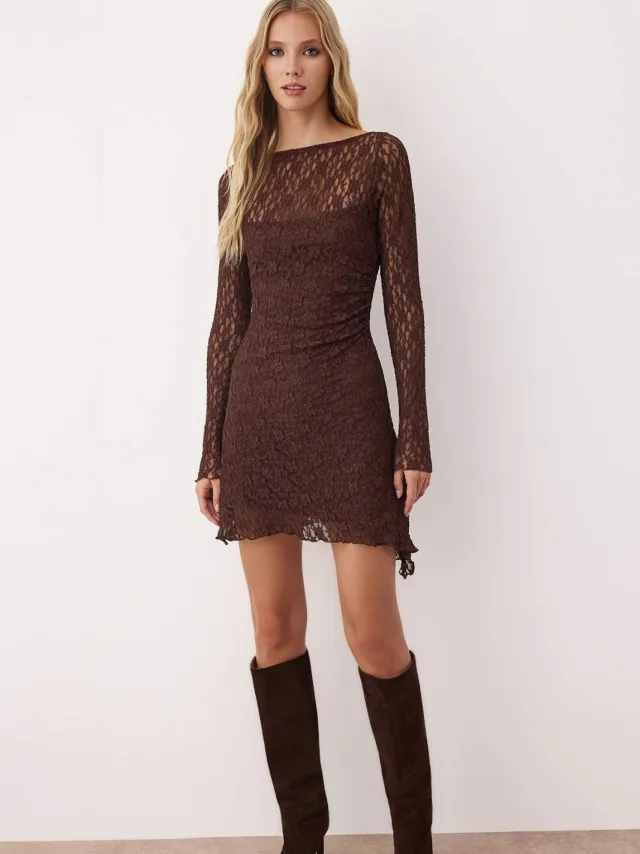 Trendyol TRENDYOLMİLLA Dames Bruin Effen Kort / Mini Lang Casual A-lijn Jurken
