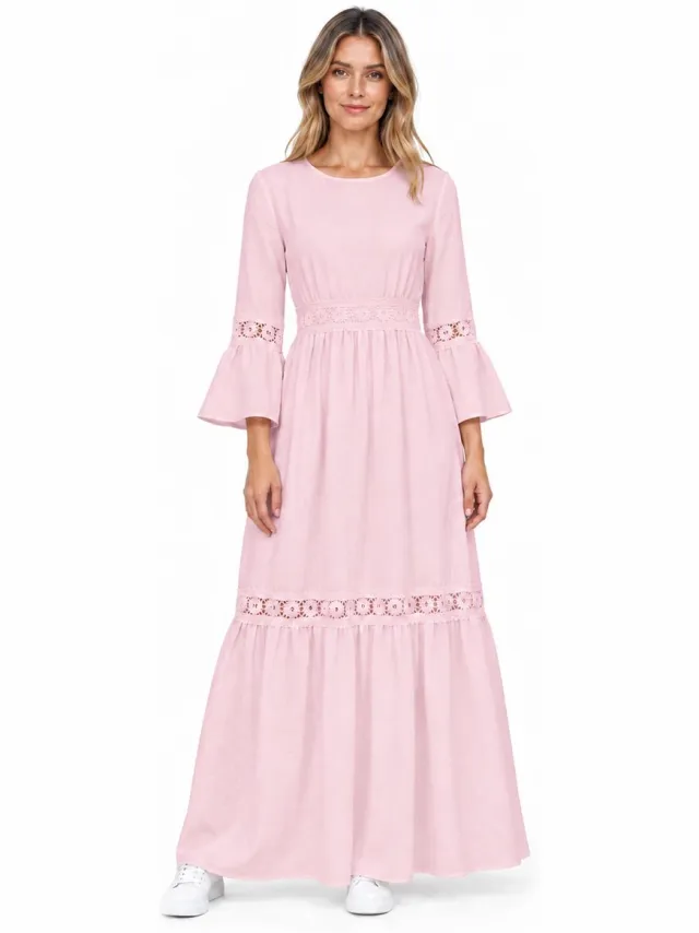 Imily Bela Dames Maxi Jurk met Uitlopende Mouwen en Opengewerkte Details roze