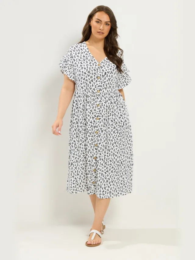Yours Witte Jurk Met Bloemenprint En Ruches Aan De Mouwen-68 White