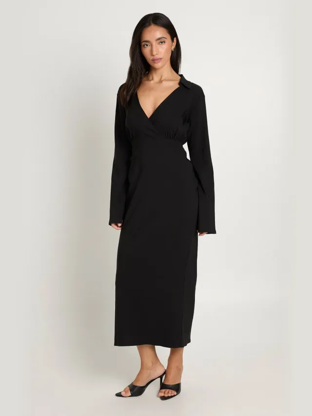 boohoo Dames Bengaline Wikkel Jurk Met Gerimpelde Taille Zwart