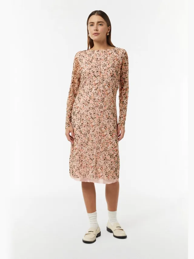 Comma female - Midi-jurk van mesh met bloemenprint roze