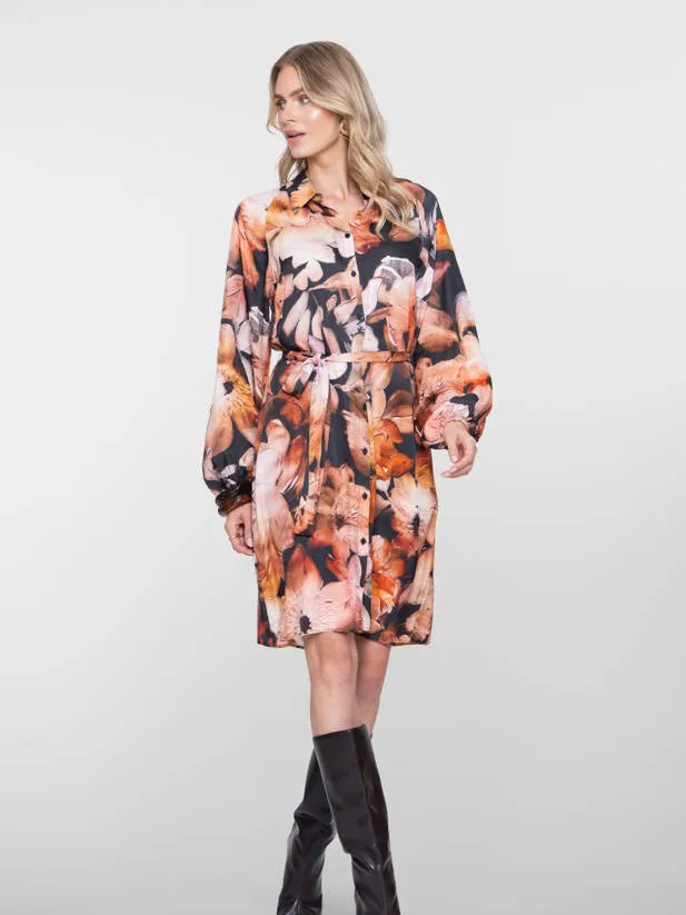Geisha gebloemde midi blousejurk - zwart/oranje