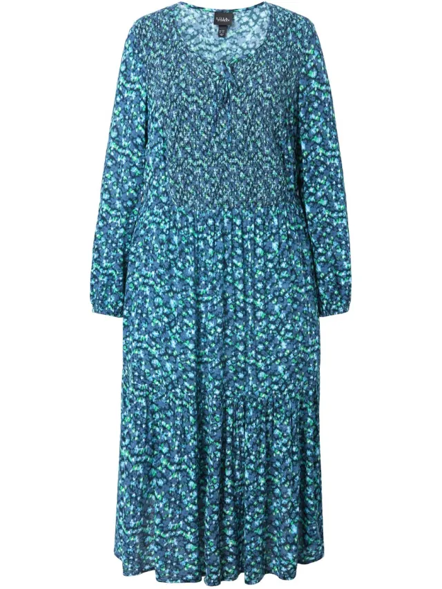 Ulla Popken Dames - Midi-jurk bloemen A-lijn ronde hals lange mouwen - Marine - Maat 46+