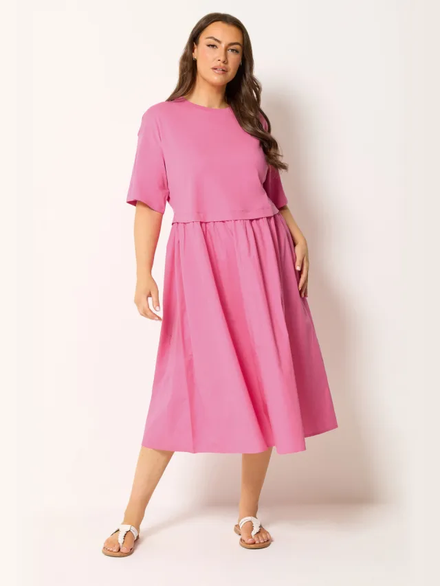 Yours Roze Poplin Tshirt Midijurk-52 Pink