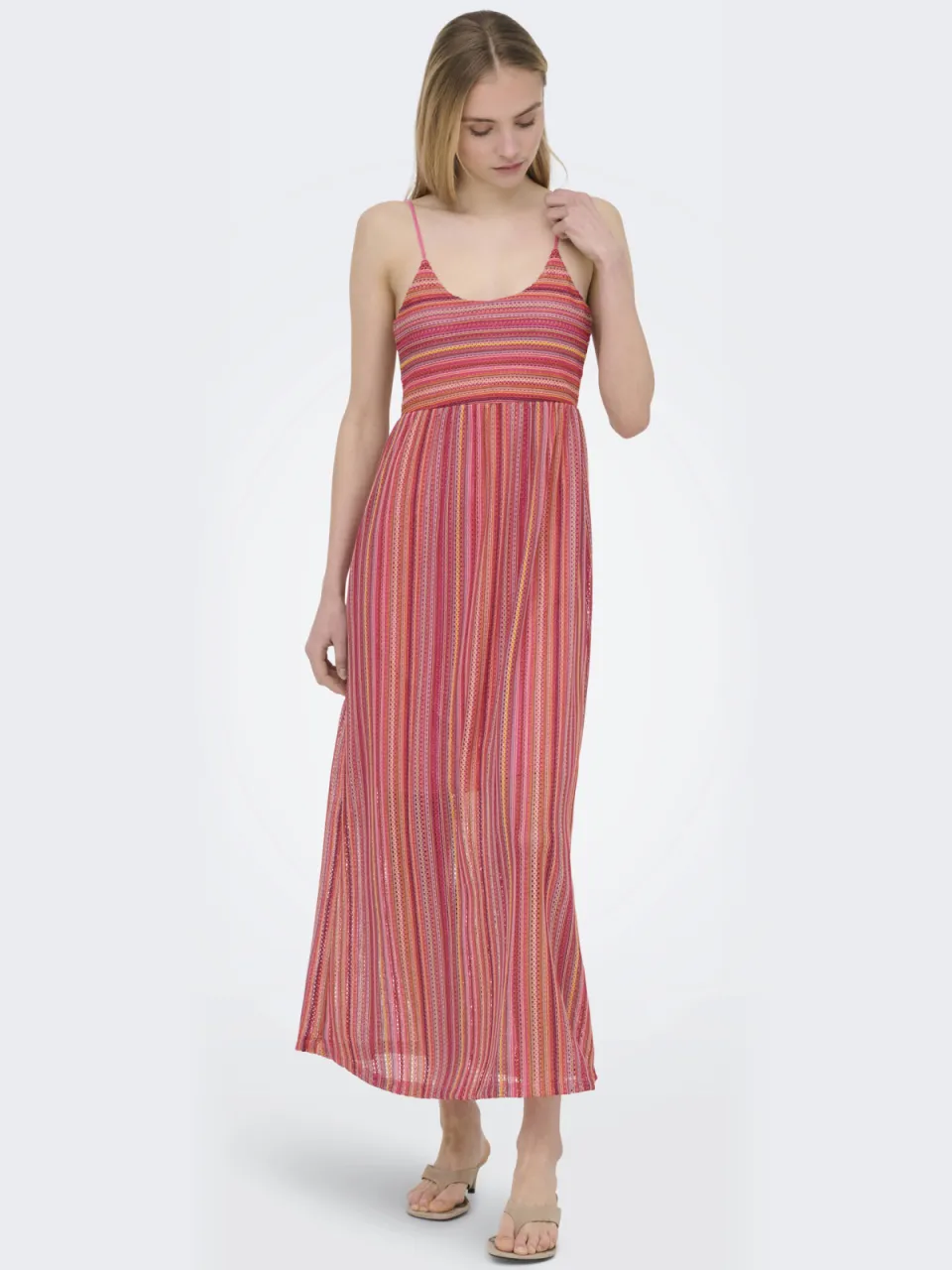 Only gestreepte zomerjurk roze Felroze
