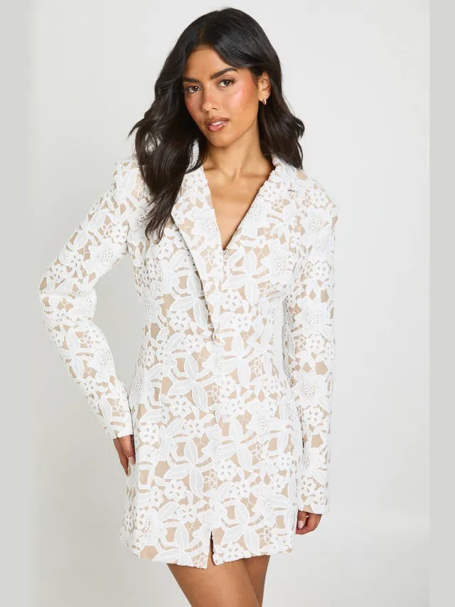 boohoo Dames Premium Kanten Getailleerde Blazer Jurk Ivoor