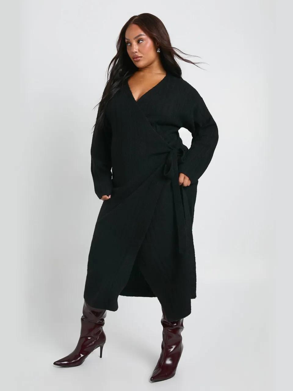 boohoo Dames Plus Lichtgewicht Mixed Rib Wrap Jurk zwart, foto 3