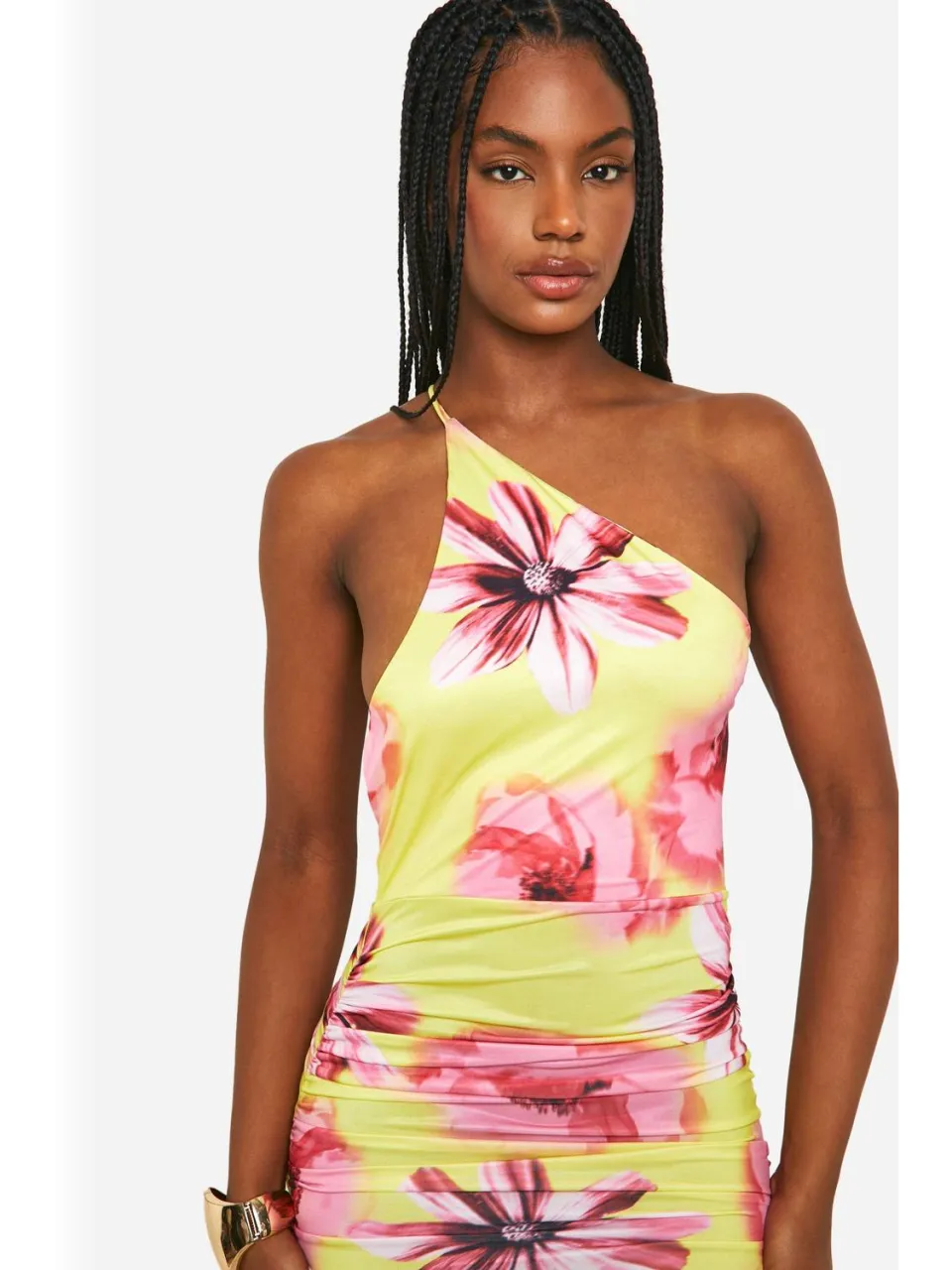 boohoo Dames Lange Slinky Asymmetrische Bloemen Maxi Jurk citroen, foto 3