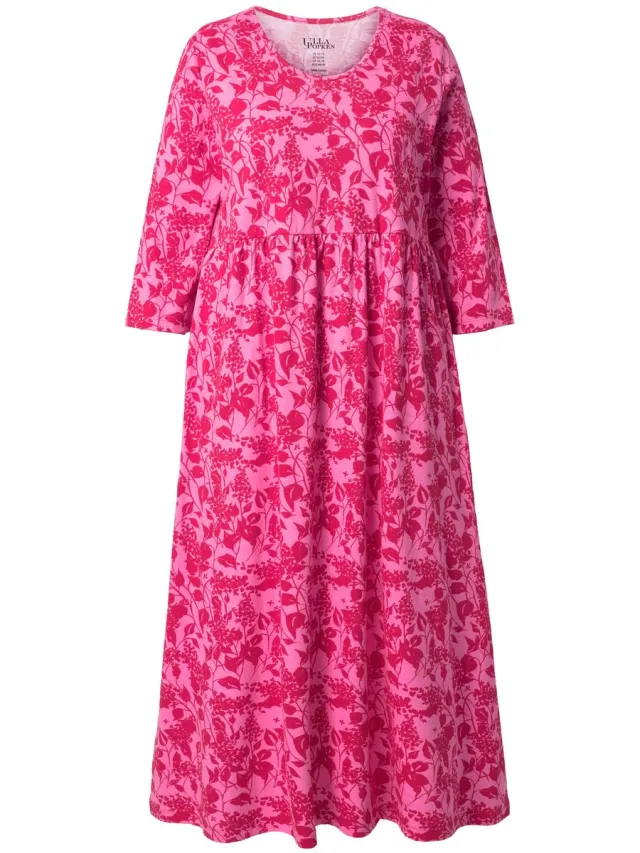 Ulla Popken Dames - Maxi-jurk bloemen A-lijn ronde hals 3/4-mouwen zakken - Roze - Maat 66+