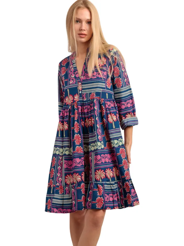Admas Korte Jurk Admas Zomerjurk met lange mouwen Funny Palms Blauw