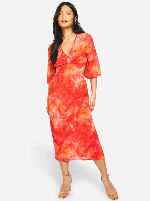 boohoo Dames Petite Bedrukte Chiffon Midaxi-Jurk Rood